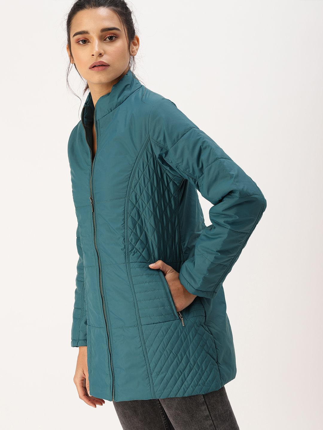 DressBerry Women Teal Blue Solid Windcheater Padded Jacket