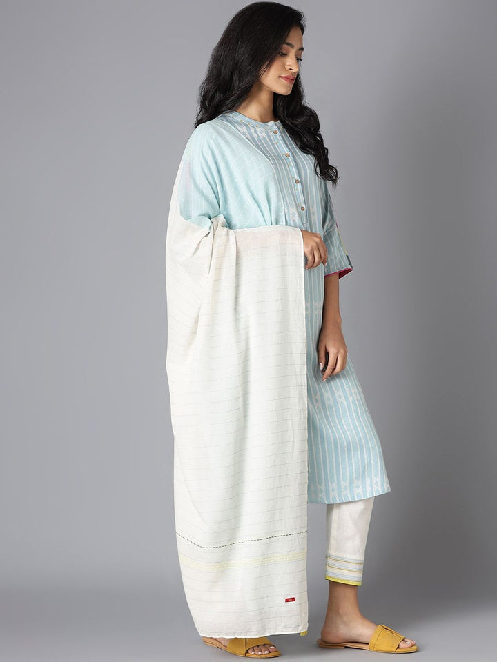 W Women Blue Striped Kurta with Trousers & With Dupatta