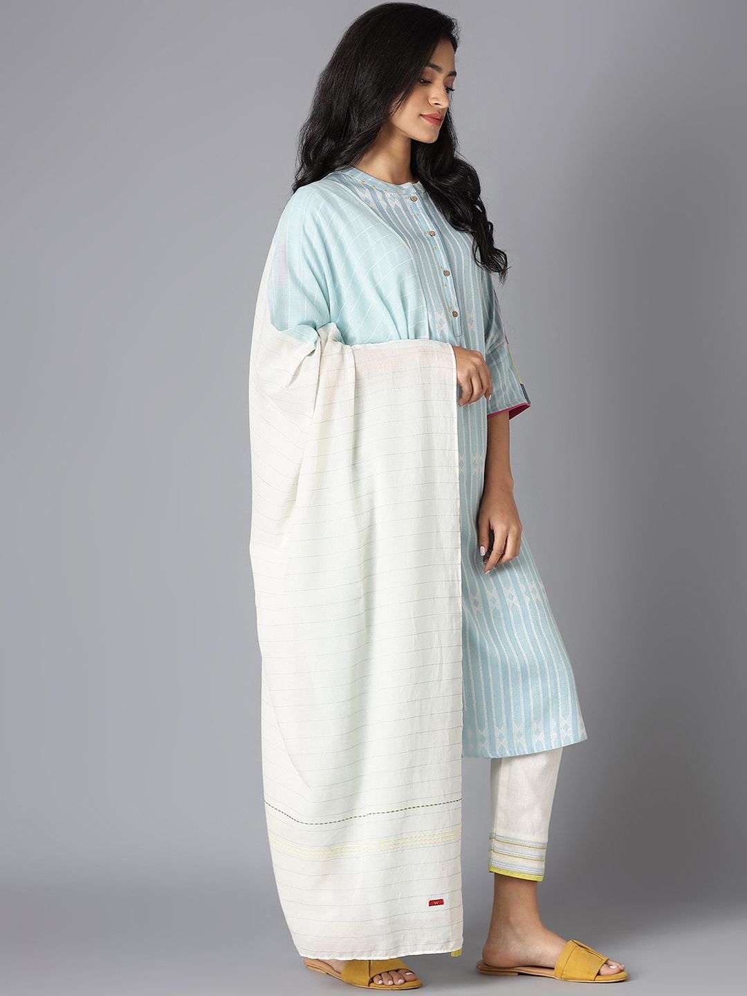 W Women Blue Striped Kurta with Trousers & With Dupatta