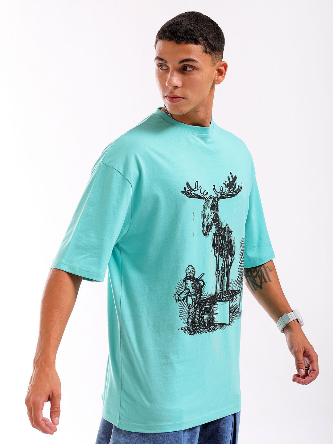 The Indian Garage Co Men Pure Cotton Graphic Printed Oversized Round Neck T-shirt