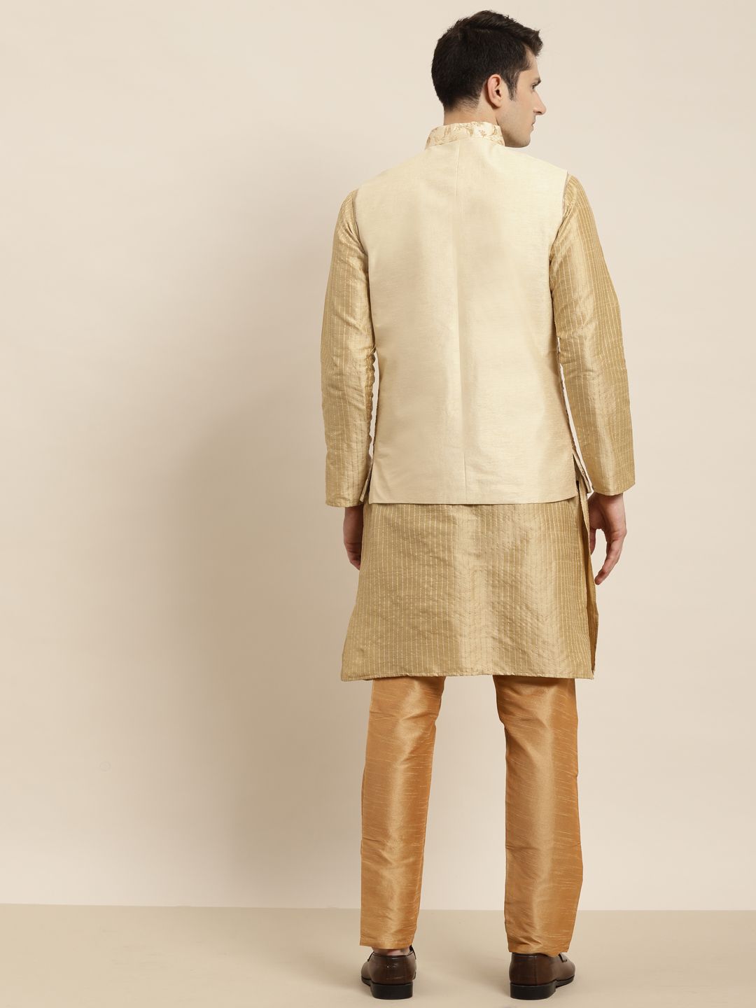 SOJANYA Men Golden & Beige Kurta with Churidar & Nehru Jacket