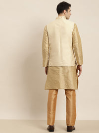 SOJANYA Men Golden & Beige Kurta with Churidar & Nehru Jacket