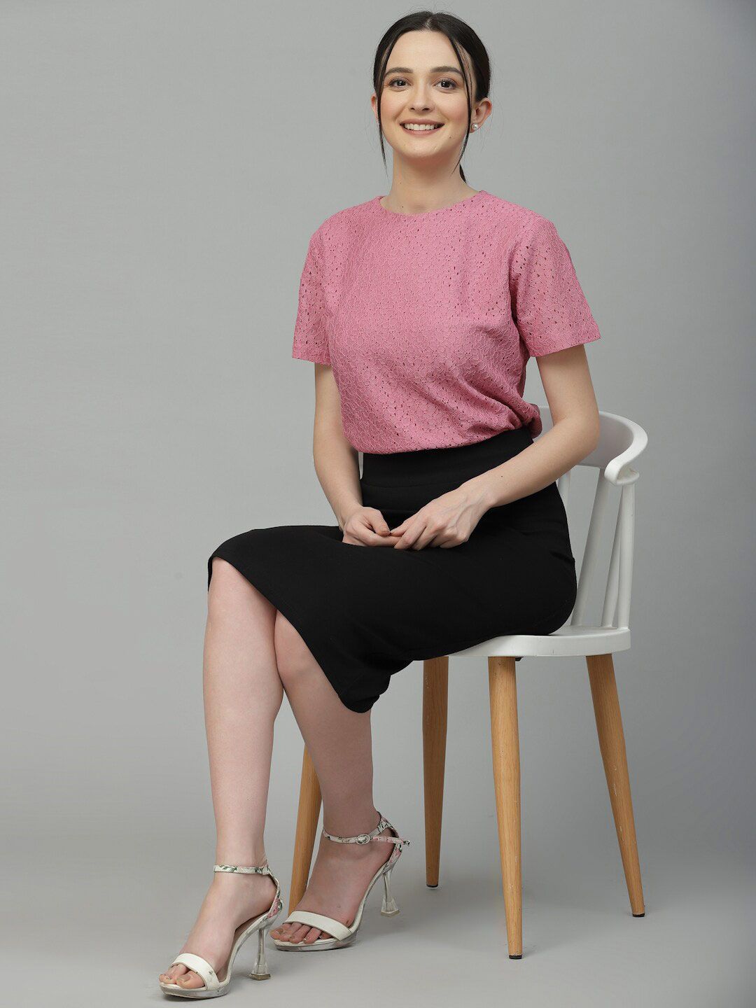 Style Quotient Self Design Round Neck Lace Cotton Top