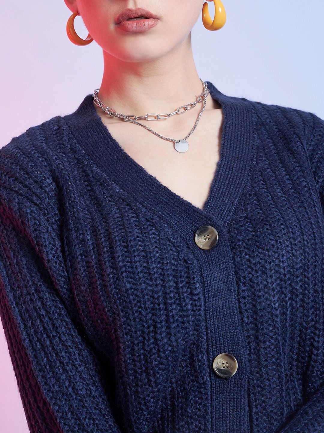 STREET 9 Blue Ribbed Cardigan Acrylic Sweater