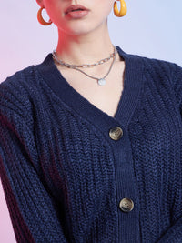 STREET 9 Blue Ribbed Cardigan Acrylic Sweater
