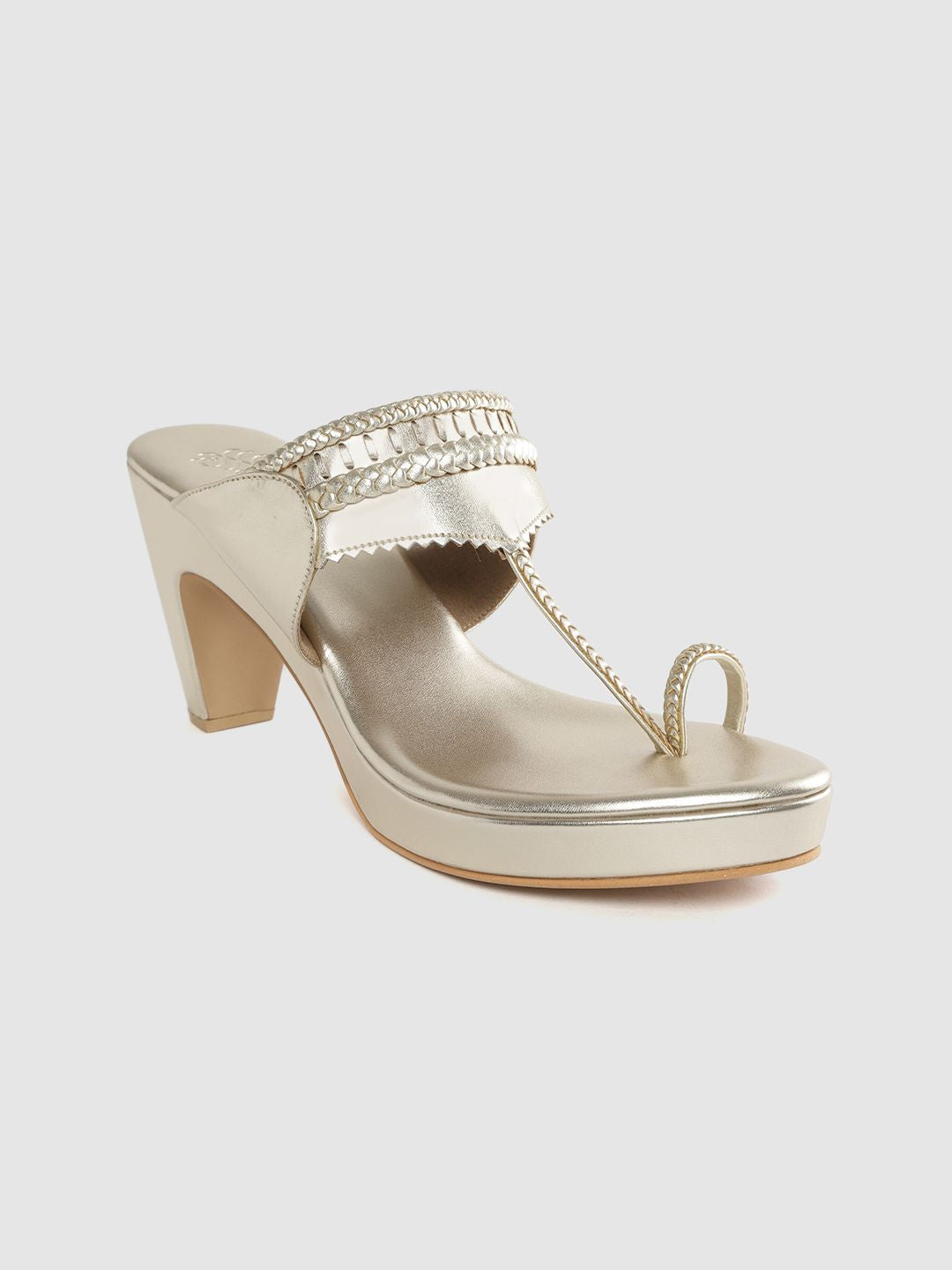 House of Pataudi Women Muted Gold-Toned Braided Handcrafted One Toe Heels