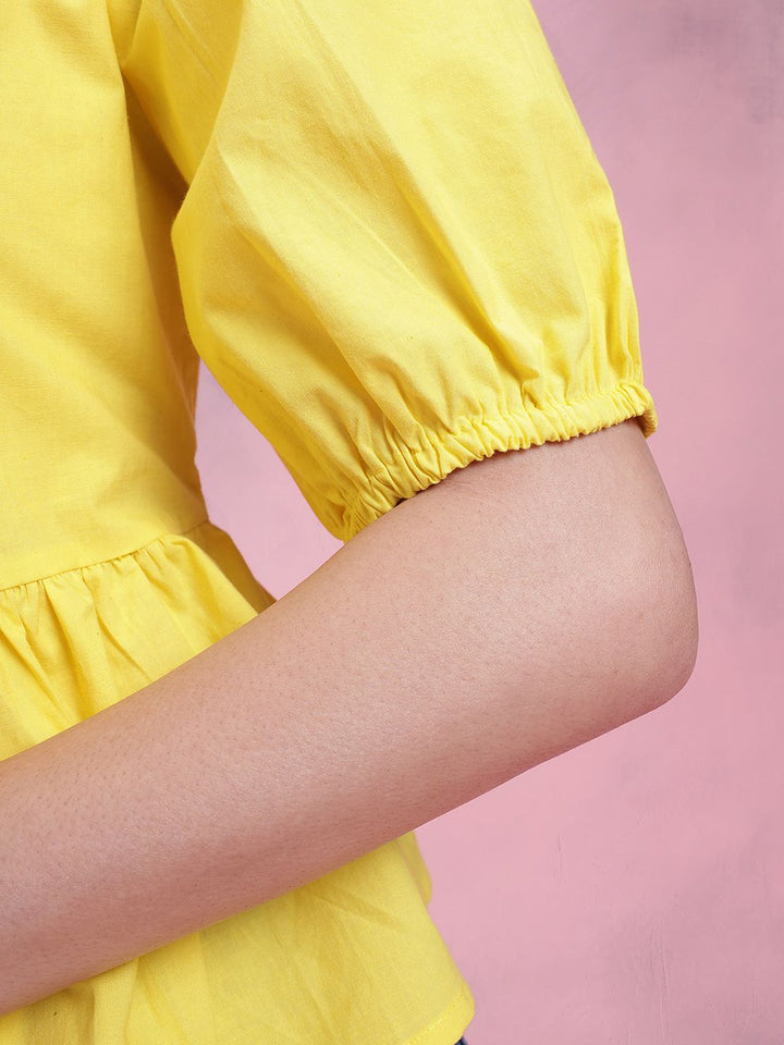 DressBerry Tie-Up Neck Puff Sleeve Pure Cotton A-Line Top