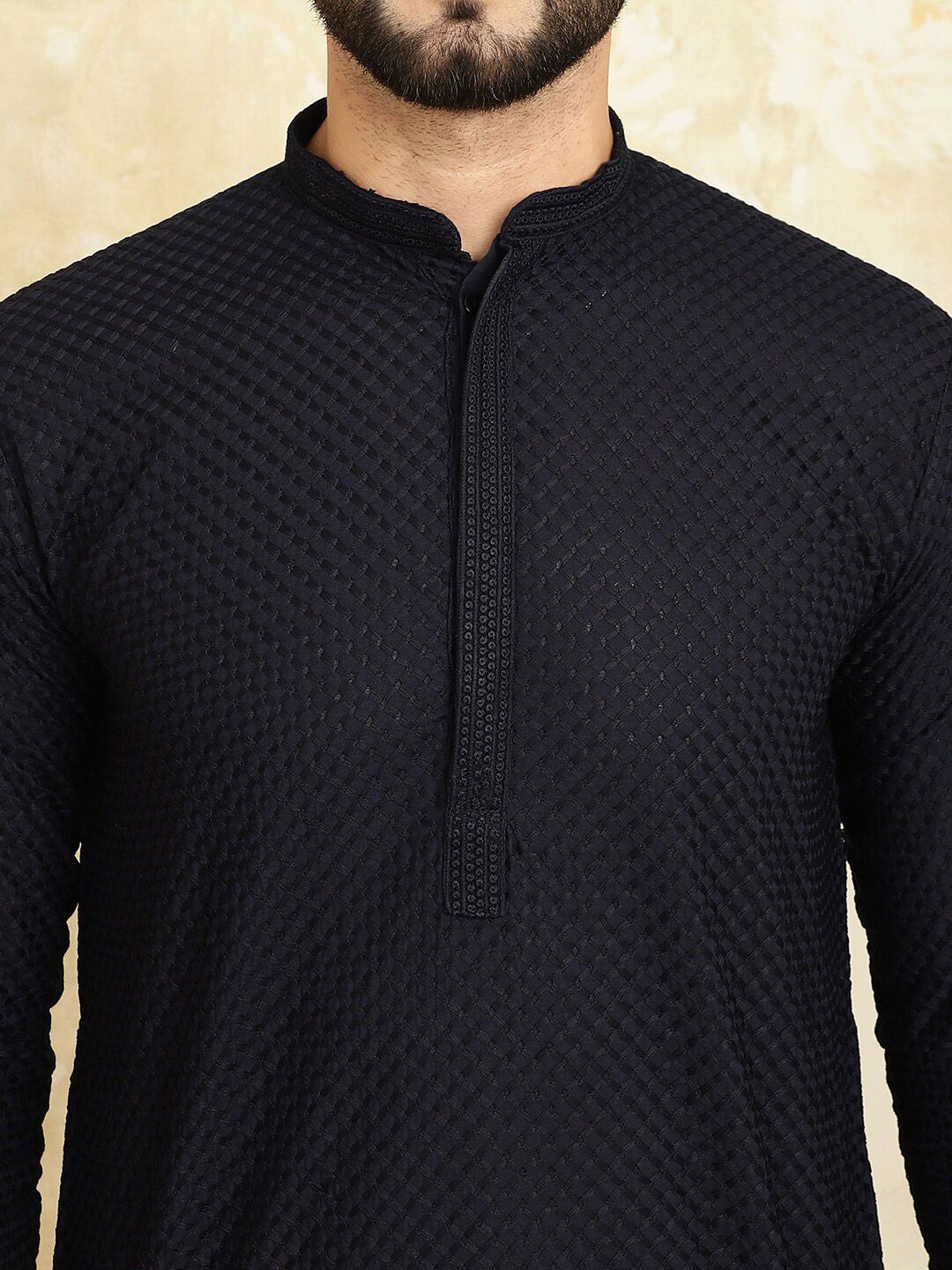 SOJANYA Kolar Mandarin Sulam Geometrik Lengan Panjang Kurta Kapas Tulen Dengan Churidar