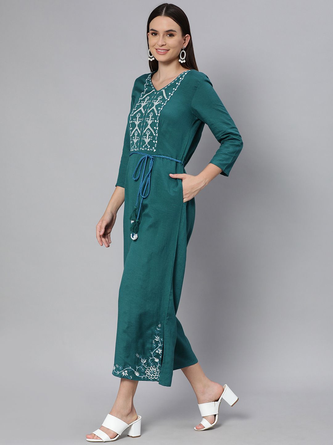 Global Desi Teal & White Embroidered Basic Jumpsuit With Waist Tie Up