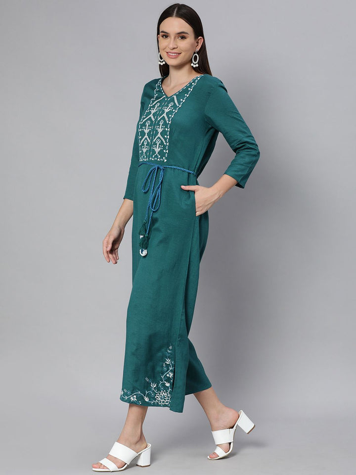 Global Desi Teal & White Embroidered Basic Jumpsuit With Waist Tie Up