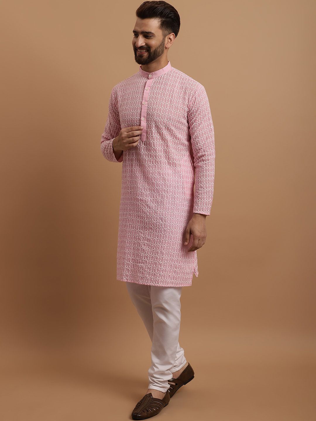 SOJANYA Ethnic Motifs Embroidered Pure Cotton Kurta With Churidar & Nehru Jacket