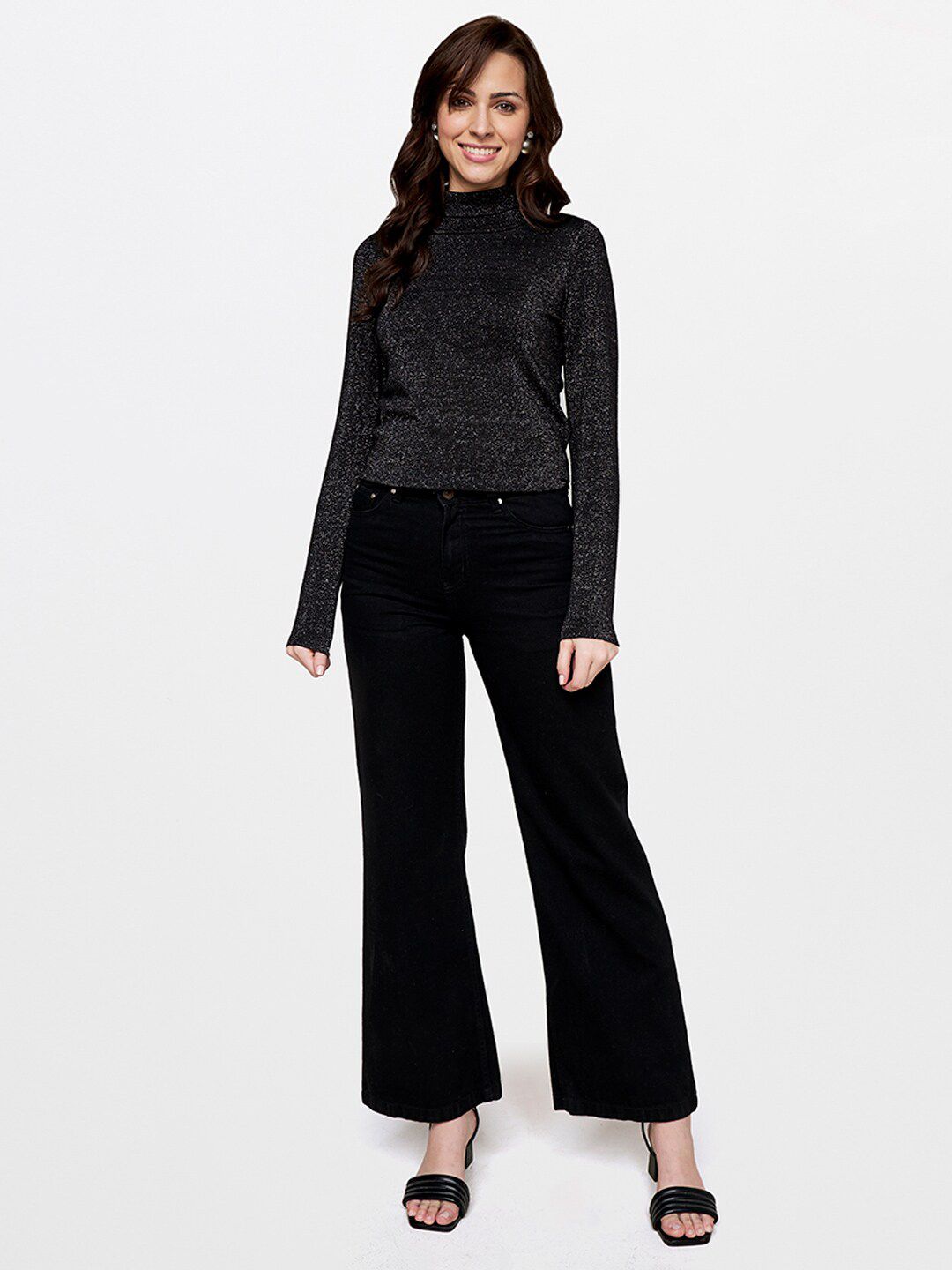 AND Women Black Solid High Neck Top