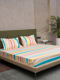 URBAN SPACE Serene White & Blue Printed Cotton 200 TC Queen Bedsheet with 2 Pillow Covers