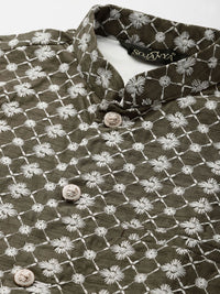 SOJANYA Men Grey Chikankari Embroidered Kurta with Churidar & Nehru Jacket