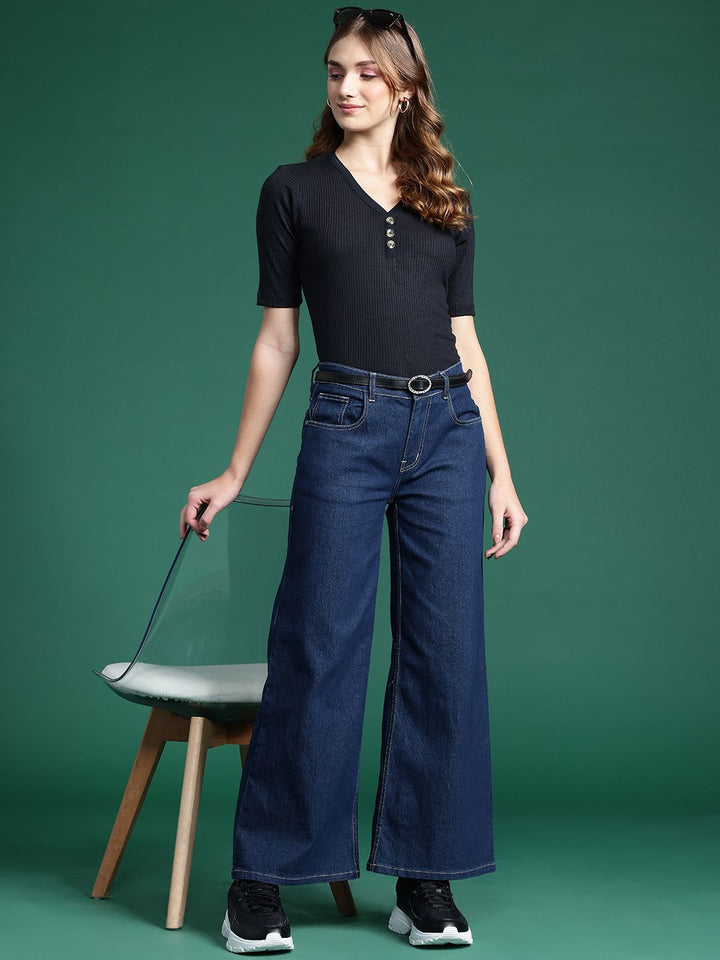 DressBerry Women Stretchable Wide Leg Jeans with Belt
