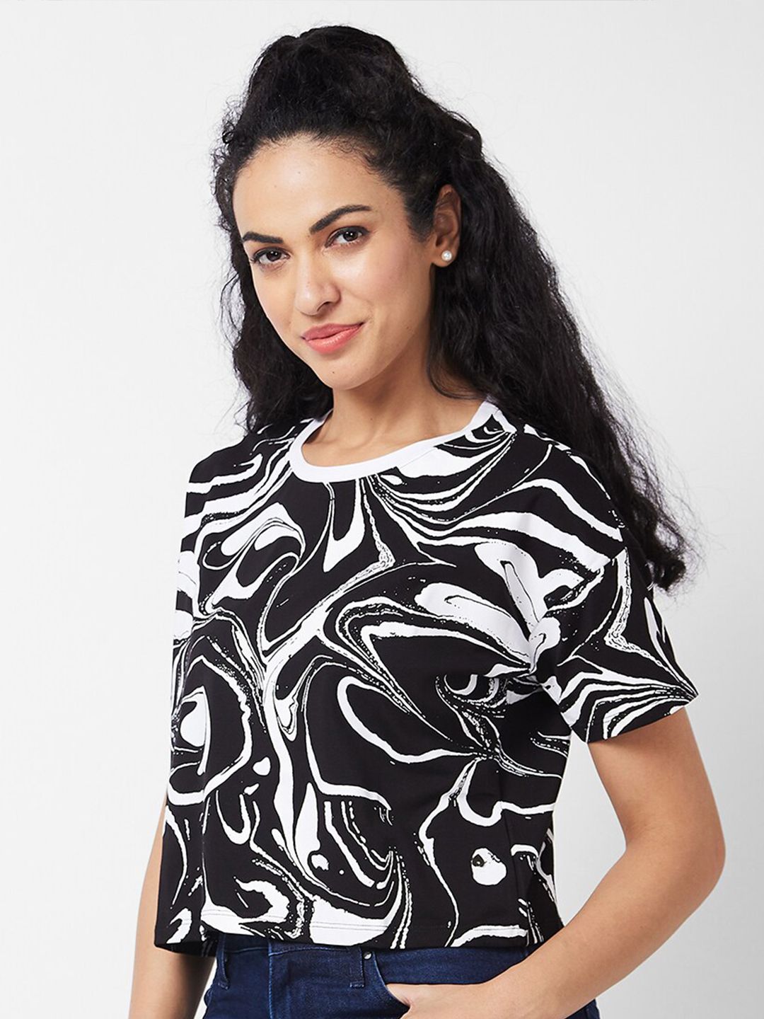 SPYKAR Abstract Printed Round Neck Half Sleeves Cotton Boxy T-shirt