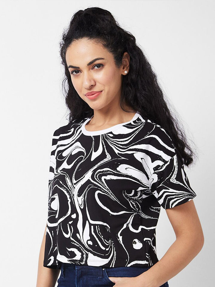 SPYKAR Abstract Printed Round Neck Half Sleeves Cotton Boxy T-shirt