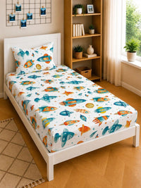 Moda Rapido X KLOTTHE White Cartoon Characters 300 TC Single Bedsheet with 1 Pillow Covers