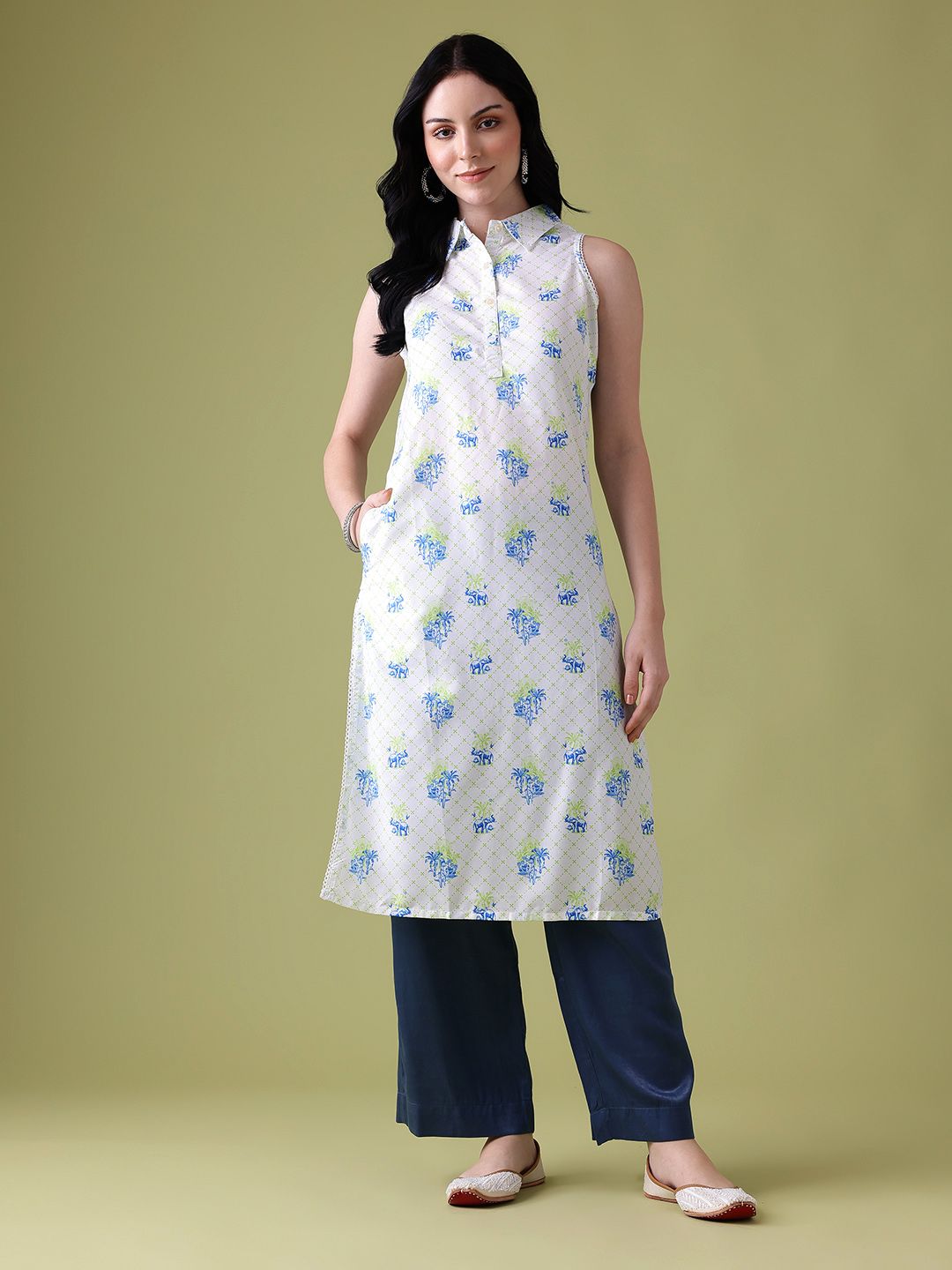 Anouk Conversational Printed Lace Insert Detail Shirt Collar Calf-Length Straight Kurta