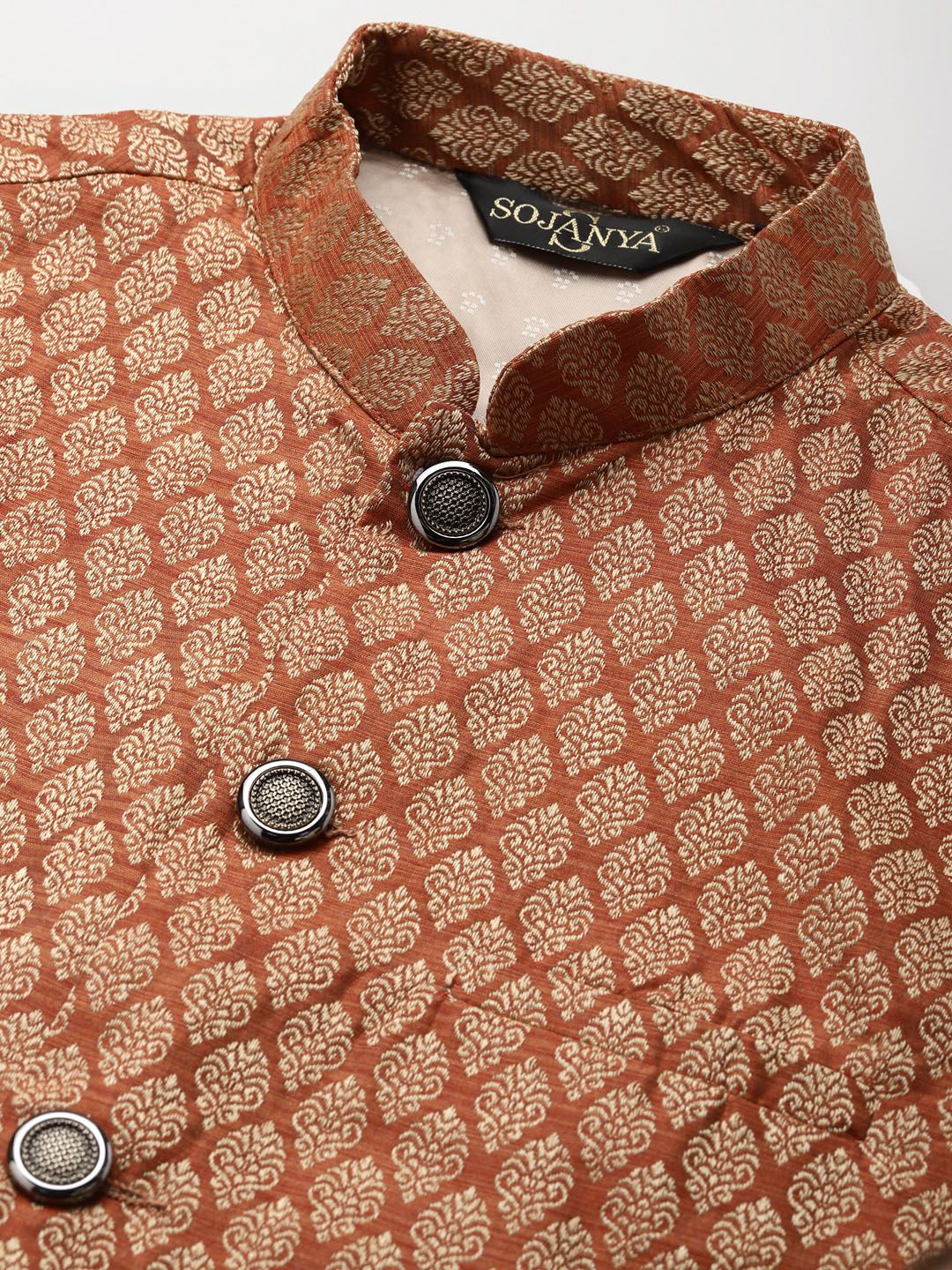 SOJANYA Men Maroon & Beige Ethnic Motifs Kurta with Churidar & Nehru Jacket