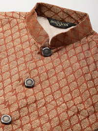SOJANYA Men Maroon & Beige Ethnic Motifs Kurta with Churidar & Nehru Jacket