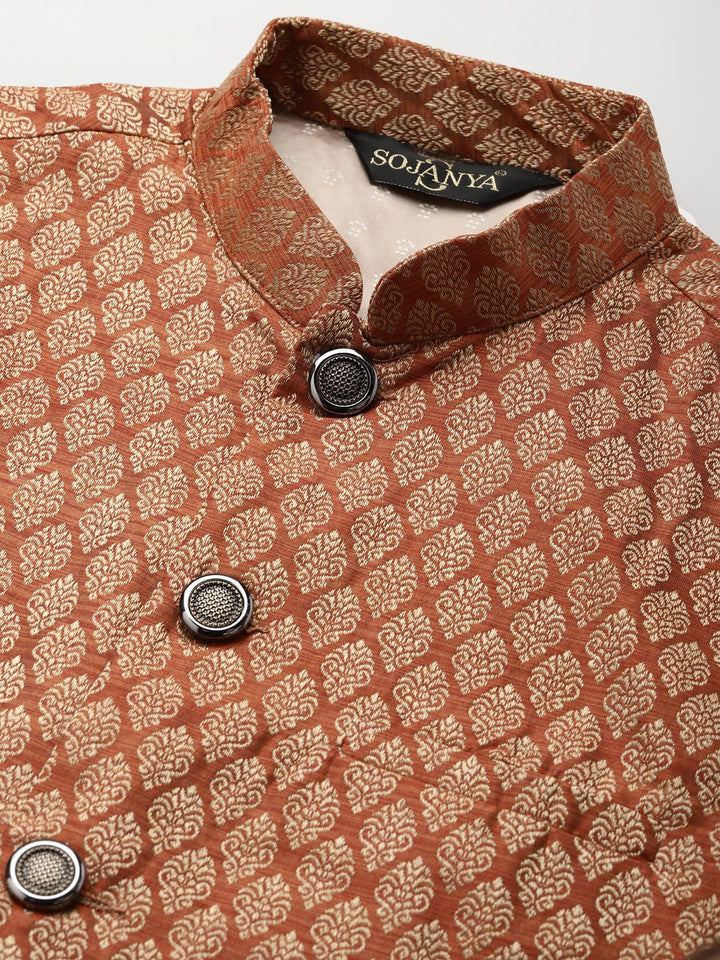 SOJANYA Men Maroon & Beige Ethnic Motifs Kurta with Churidar & Nehru Jacket
