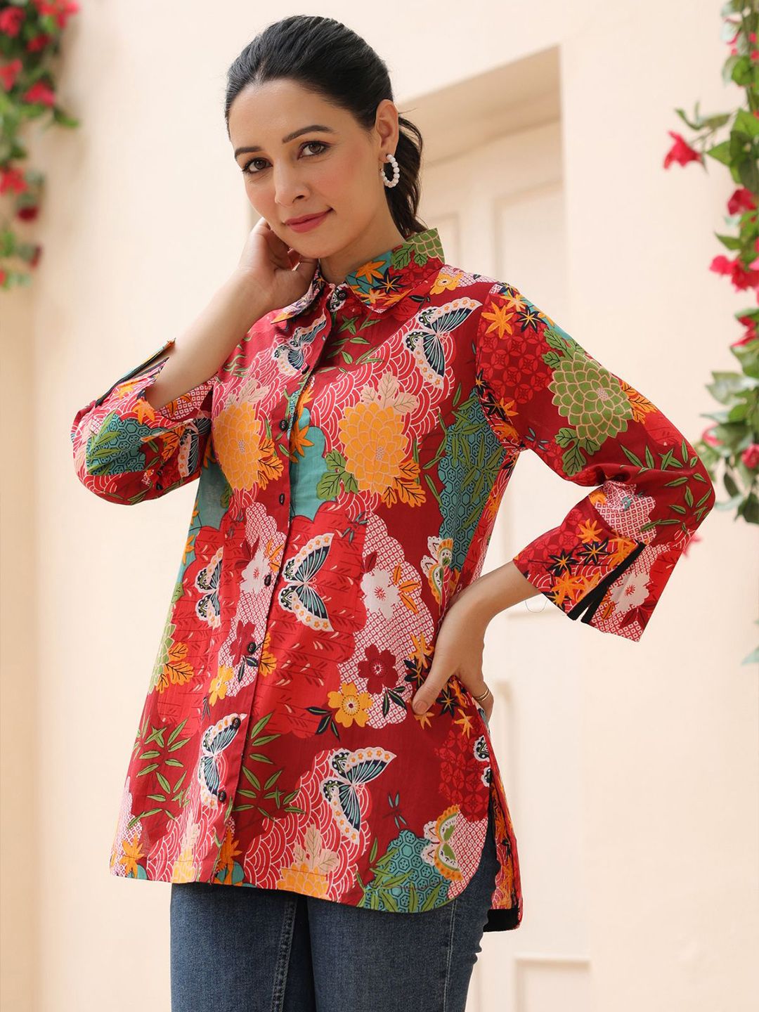 Rain & Rainbow Women Floral Printed Shirt Collar Cotton Top