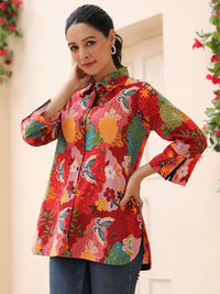 Rain & Rainbow Women Floral Printed Shirt Collar Cotton Top