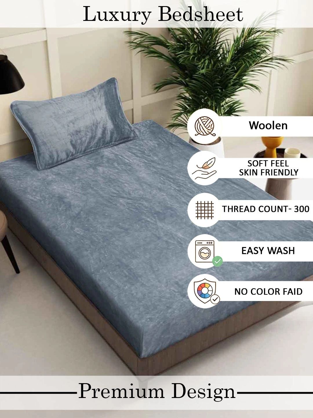 Myntra Elegant Homes Grey Solid Wool 300 TC Single Bedsheet with 1 Pillow Covers