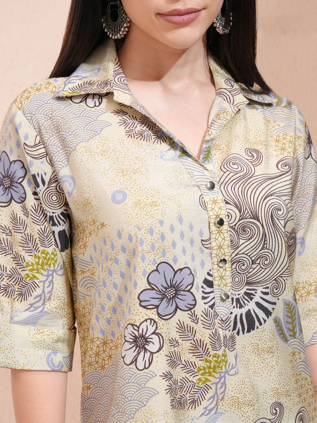 Vishudh Yellow Floral Printed Shirt Collar Three-Quarter Sleeves Top With Trouser
