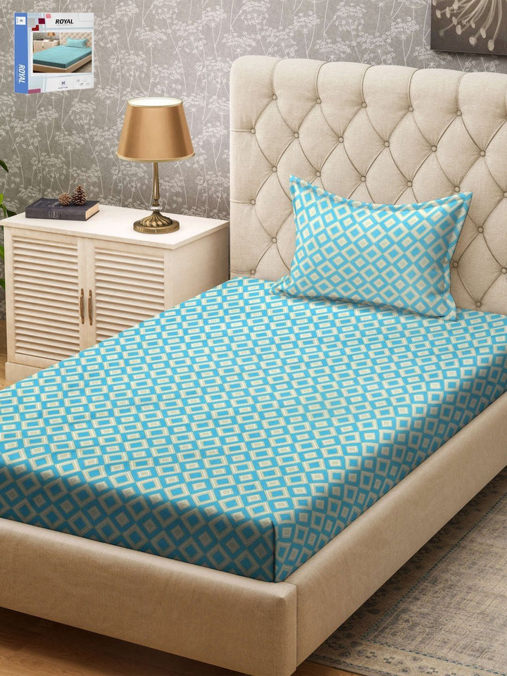 KLOTTHE Turquoise Biru & Putih Geometri Bercetak 300 TC Cadar & Sarung Bantal Single