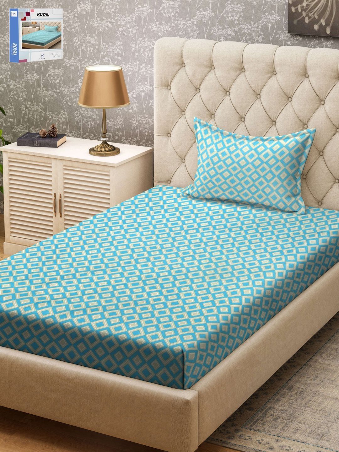 KLOTTHE Turquoise Biru & Putih Geometri Bercetak 300 TC Cadar & Sarung Bantal Single