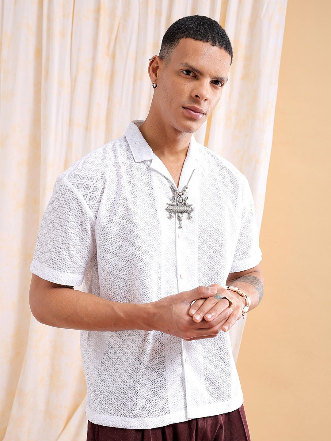 The Indian Garage Co Men Relaxed Fit Solid Warp Knit Lace Resortwear Shirt