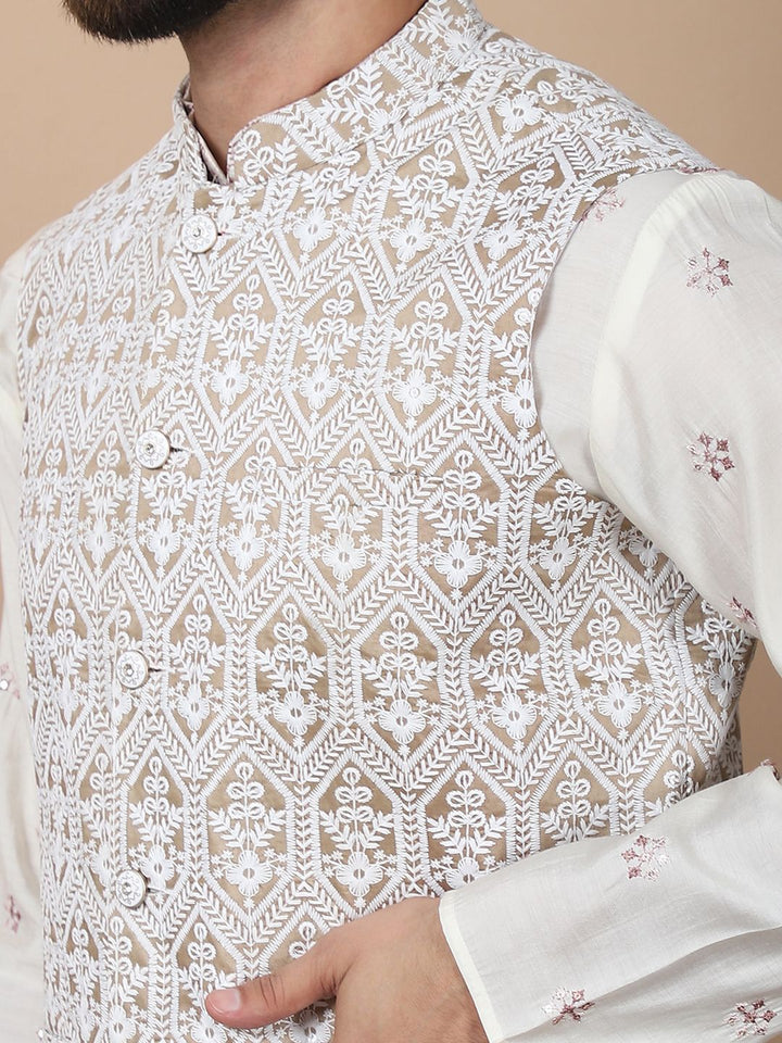 Anouk Cream-Coloured Floral Embroidered Cotton Silk Kurta with Churidar & Nehru Jacket