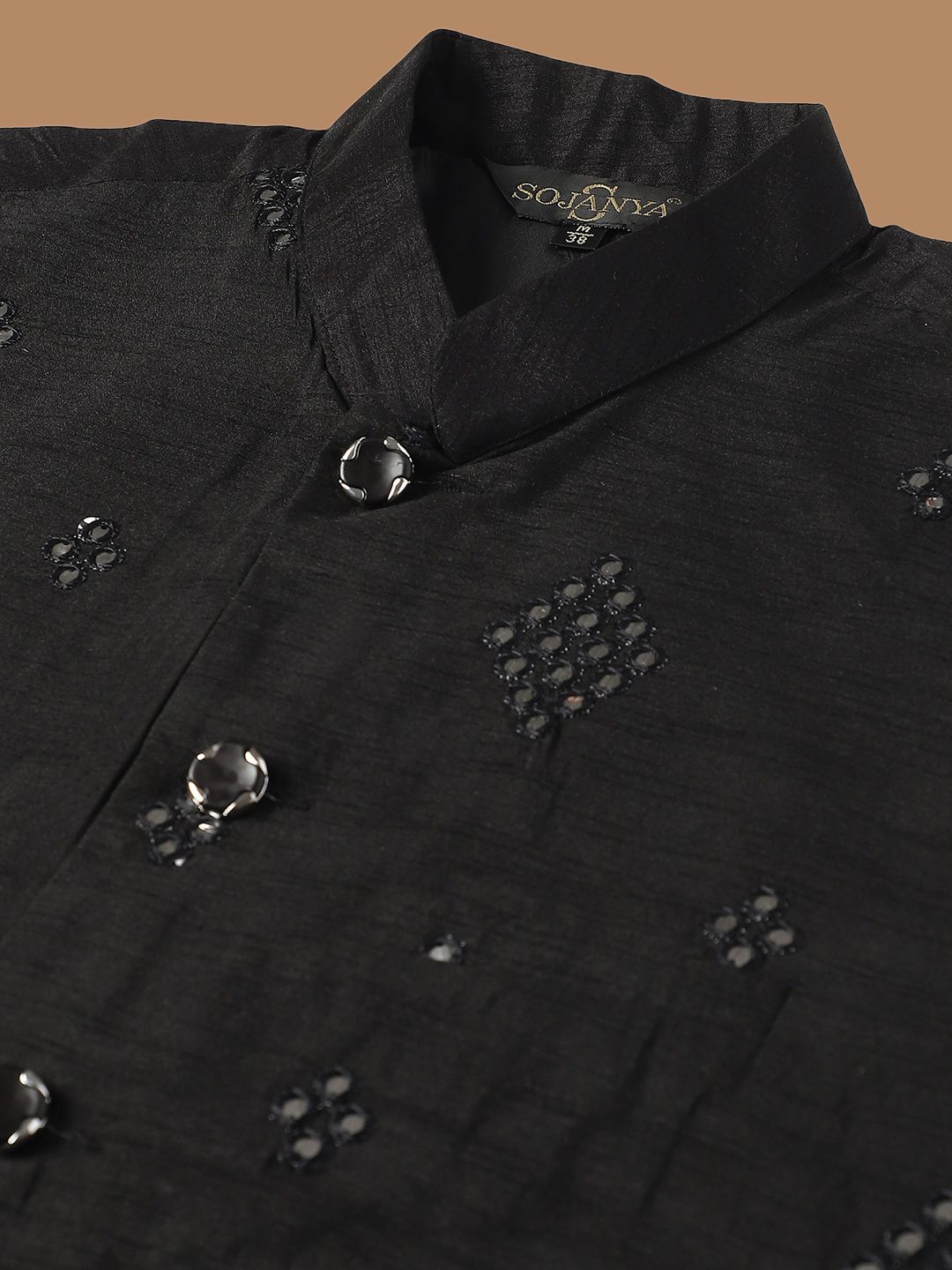 SOJANYA Etnik Sulam Labuci Kapas Tulen Kurta & Churidar Dengan Jaket Nehru