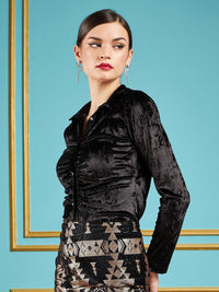 SASSAFRAS Spread Collar Slim Fit Textured Velvet Ruched Party Shirt
