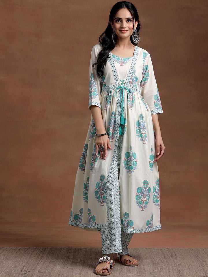 Libas Square Neck Floral Printed Pleated Pure Cotton A Line Kurta with Trouser