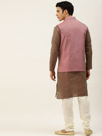 SOJANYA Men Maroon & Golden Self Design Kurta with Churidar & Nehru Jacket