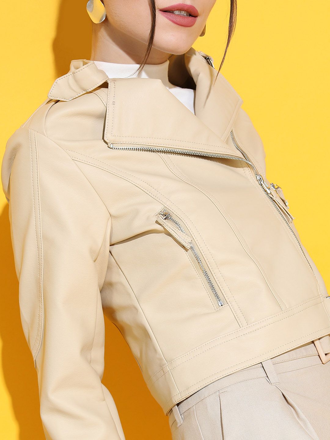 Tokyo Talkies Women Beige Crop Biker Jacket