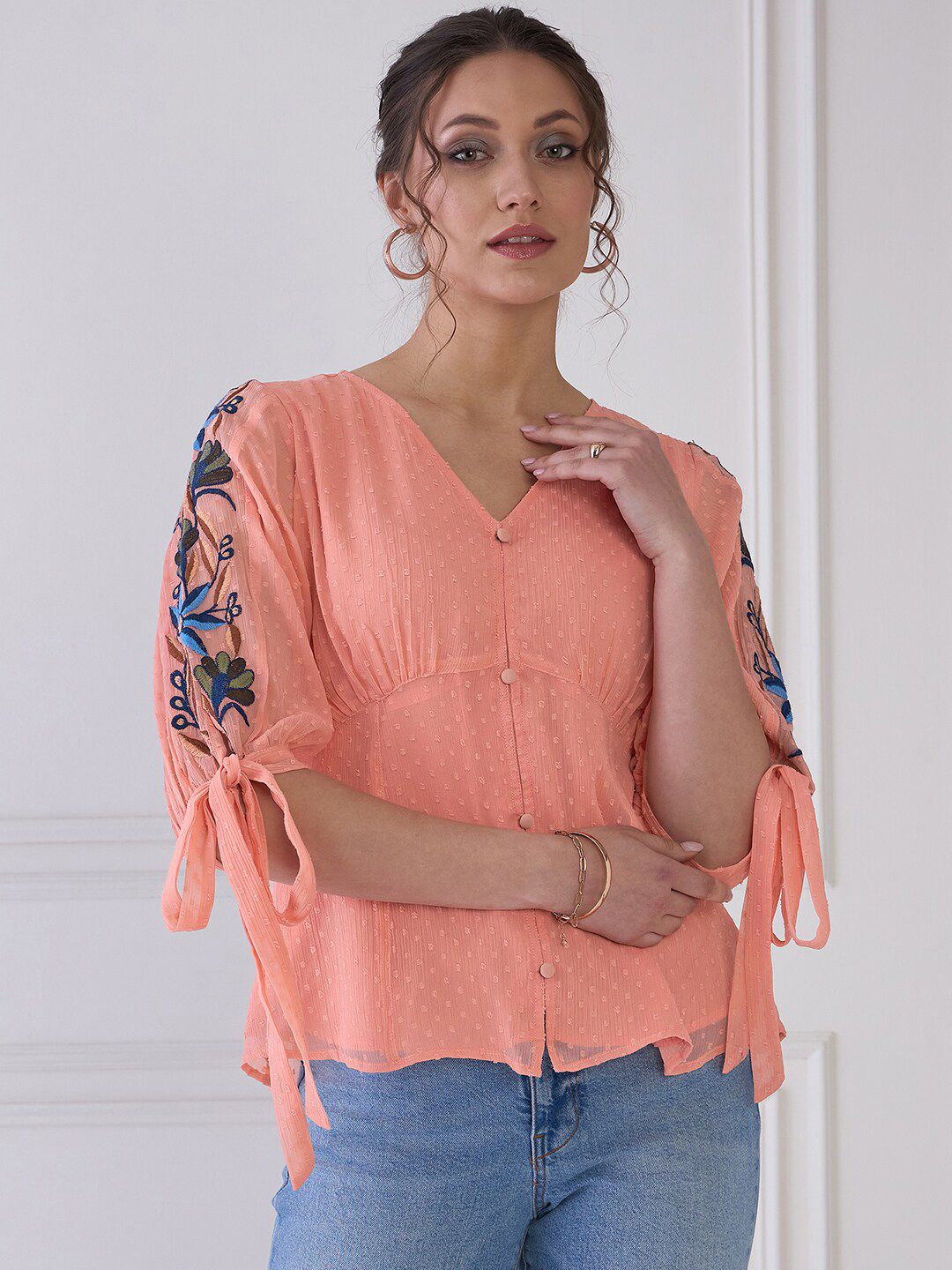 Antheaa Polka Dot Puff Sleeve V-Neck Chiffon Cinched Waist Top
