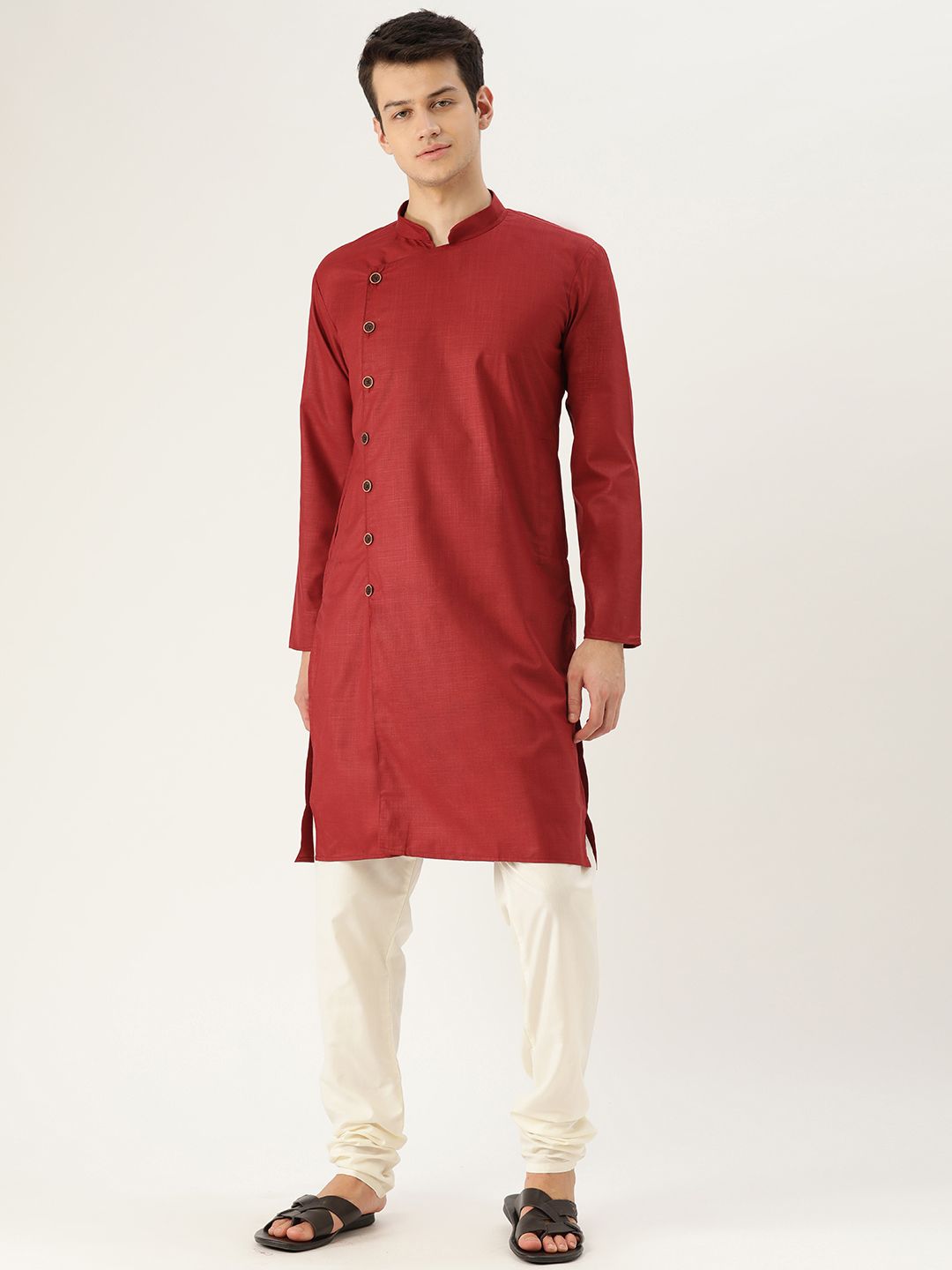 SOJANYA Lelaki Maroon Solid Angrakha Kurta Lurus