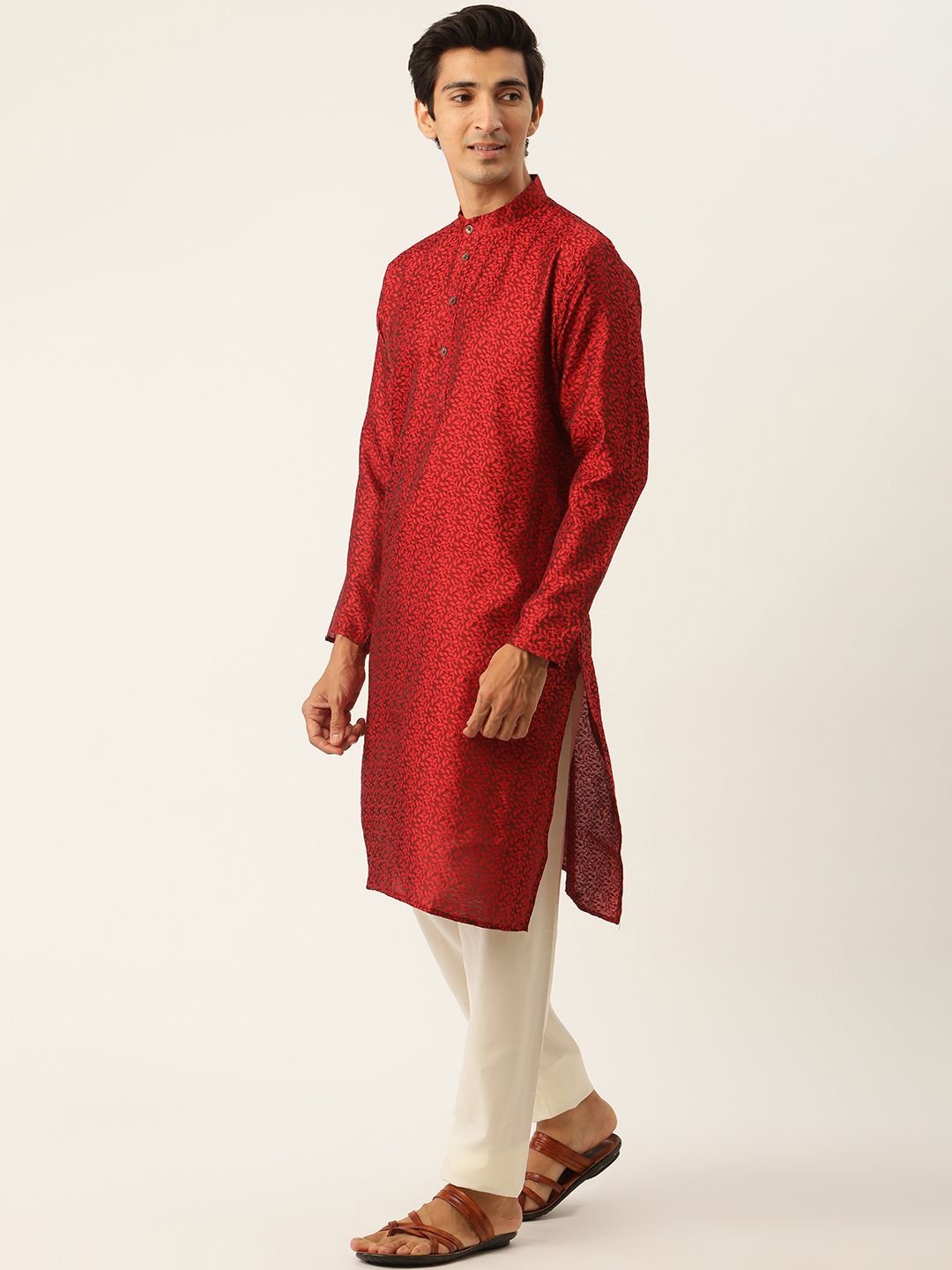 SOJANYA Lelaki Maroon & Off-White Jacquard Kurta dengan Pajama & Jaket Nehru