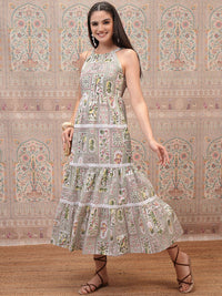 Vishudh Women Halter Neck Ethnic Motifs Print Layered Empire Midi Dress
