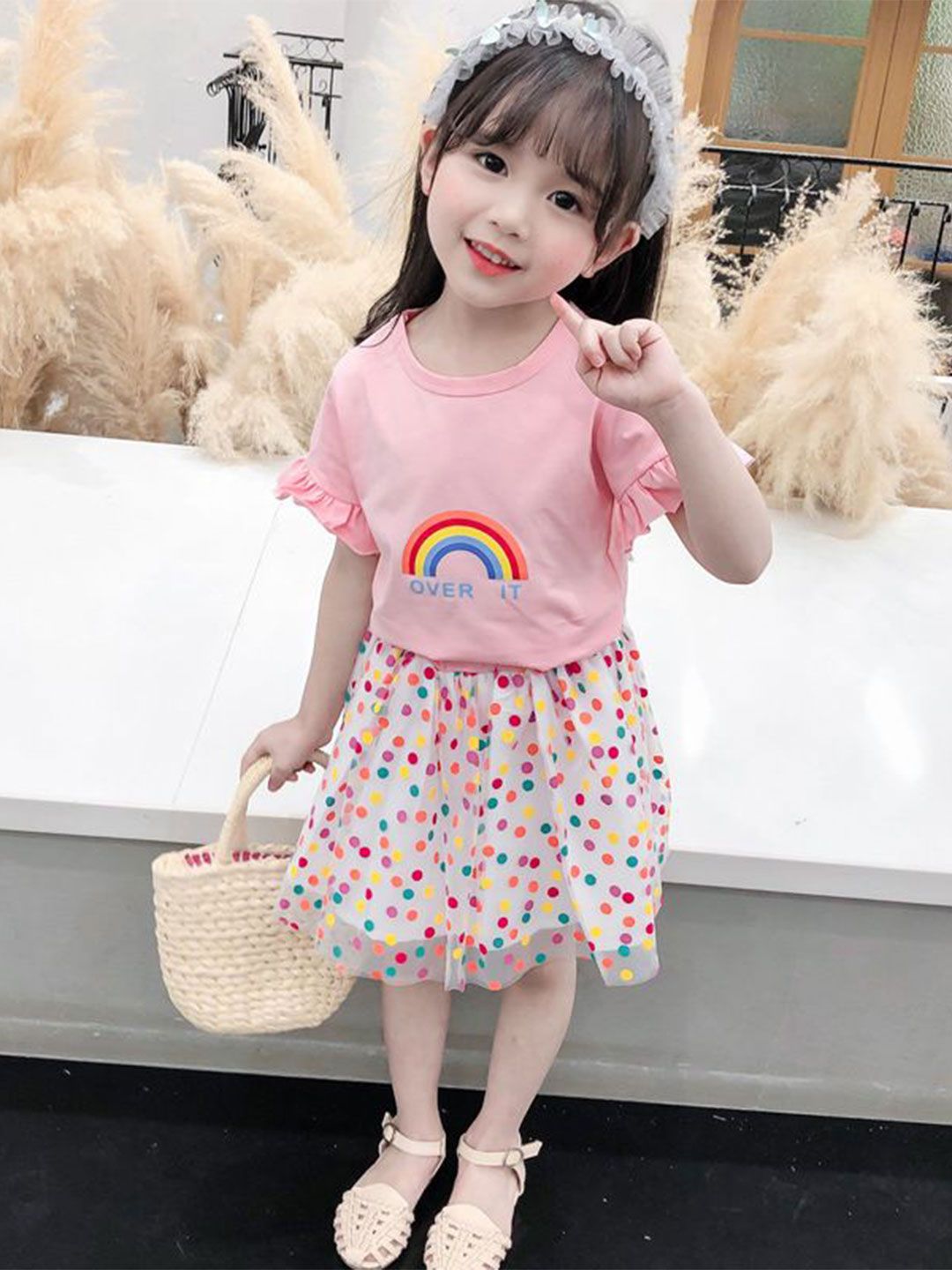 YK Girls Printed Round Neck Short Sleeves Pure Cotton Top With Skirt
