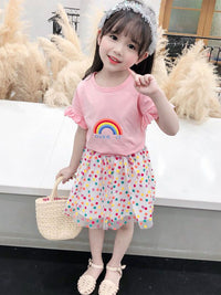 YK Girls Printed Round Neck Short Sleeves Pure Cotton Top With Skirt