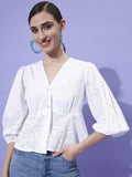 Athena V-Neck Puff Sleeves Schiffli Empire Top