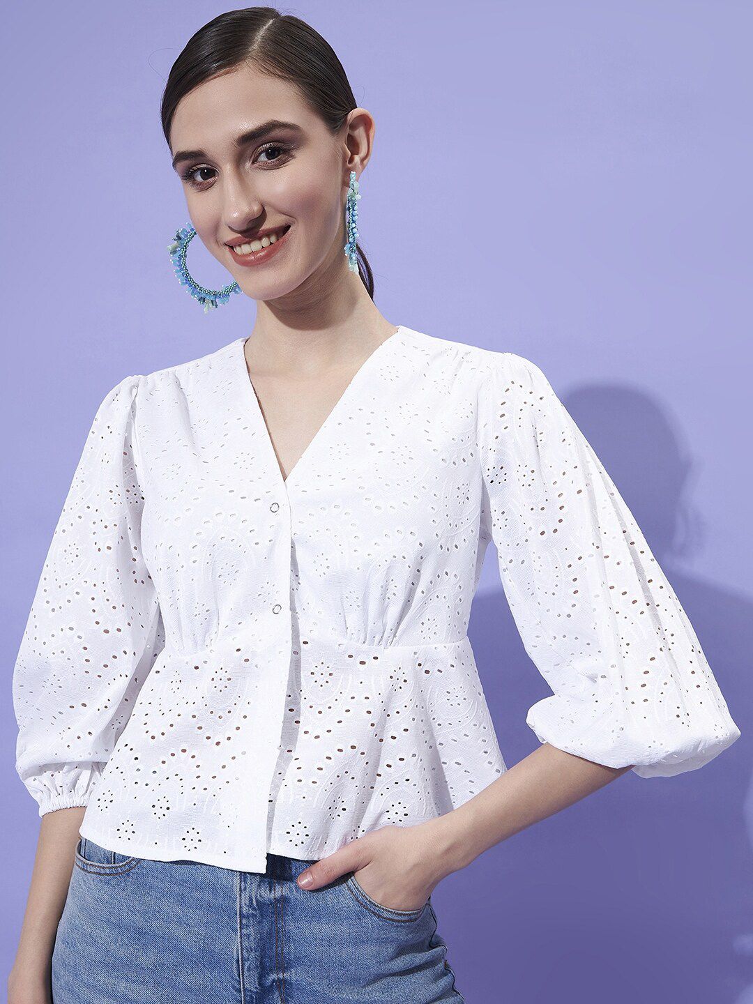 Athena V-Neck Puff Sleeves Schiffli Empire Top