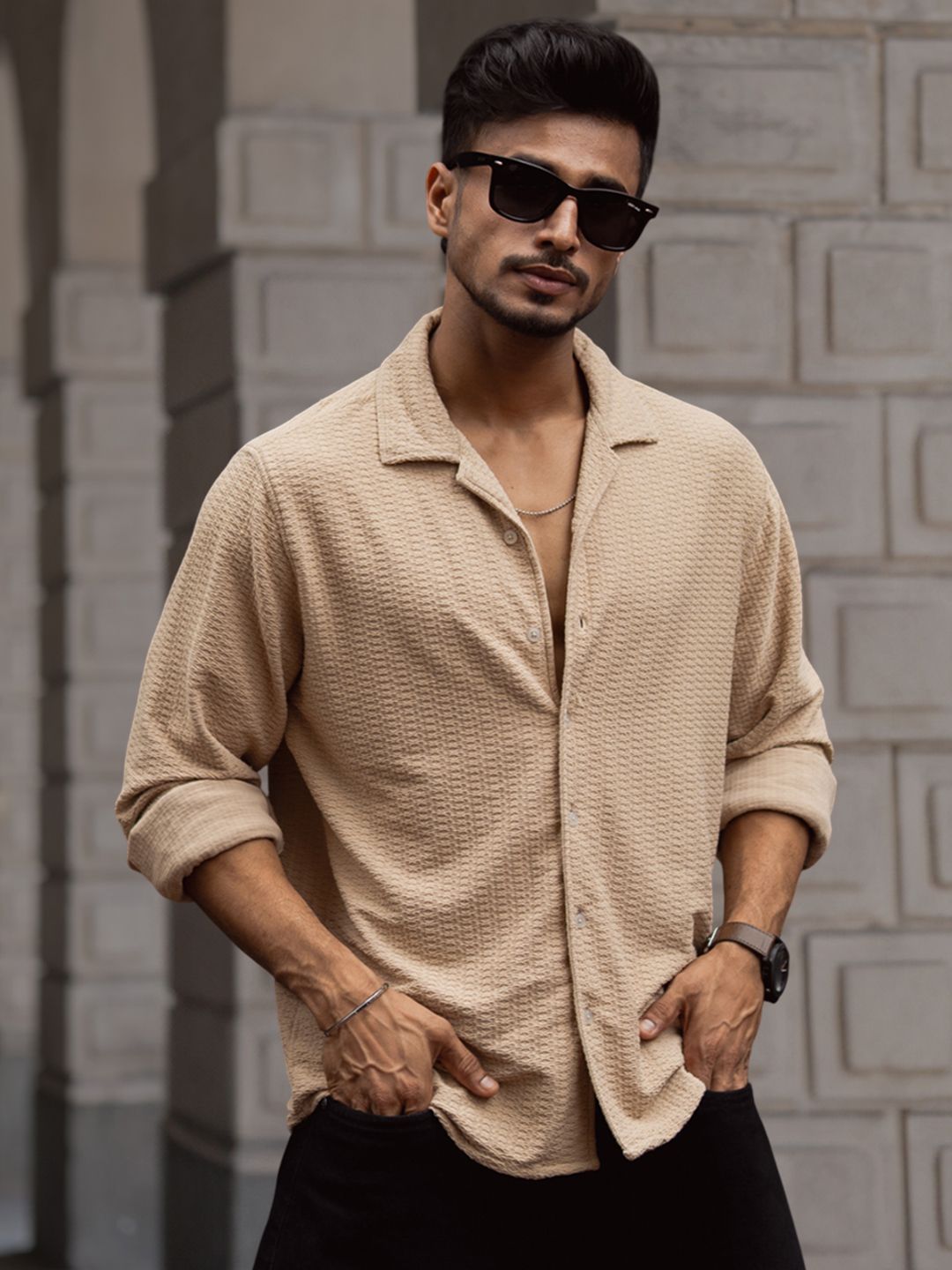 Powerlook Men Cuban Collar Textured Relaxed Fit Casual Shirt