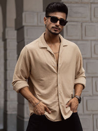 Powerlook Men Cuban Collar Textured Relaxed Fit Casual Shirt