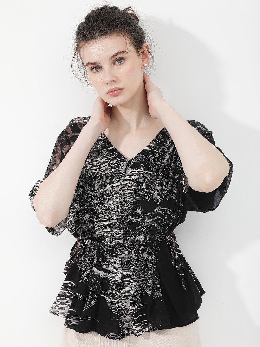 RAREISM Printed Kimono Sleeve V-Neck Cinched Waist Top